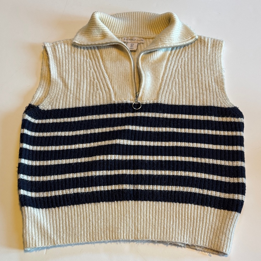 Sincerely Jules Cream and Navy Knit Zip Sweater